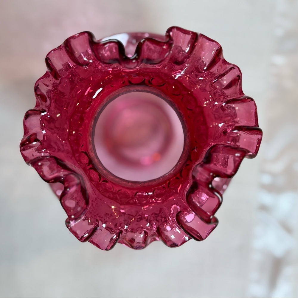 Vintage Fenton Cranberry Glass Beaded Melon Vase - Picture 2 of 7